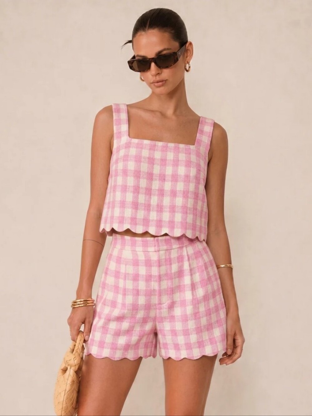 Gingham Scallop Hem Crop Top & Shorts Set